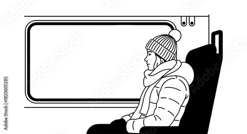 Woman traveling by train looking at winter landscape illustration