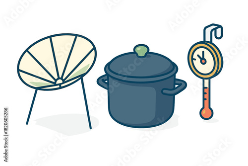 Solar cooker, cooking pot, and thermometer for outdoor or sustainable cooking