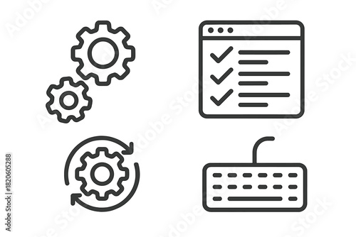 Outline icons set for business and technology concepts including settings, automation, task list, and keyboard
