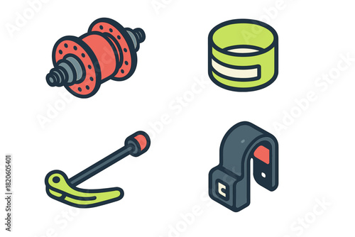 Isometric bicycle parts including wheel hub, quick release skewer, and mechanical accessories