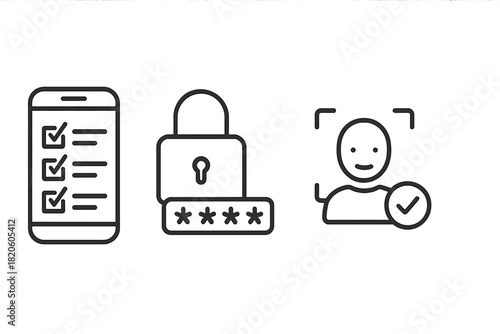 Digital security and user authentication concepts including password lock and facial verification