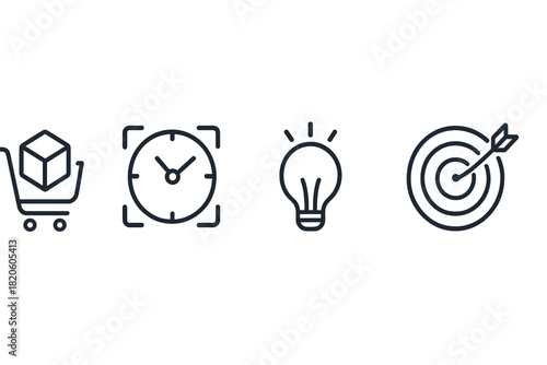 Core business concept icons for e-commerce, time optimization, creative ideas, and marketing targets