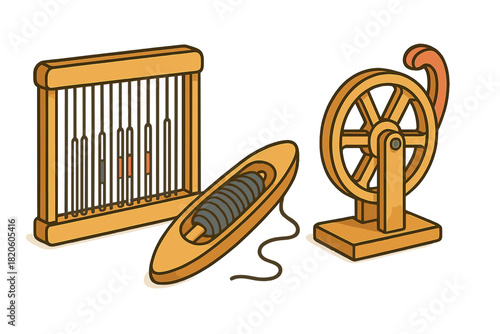 Traditional wooden tools for textile production: hand loom, shuttle, and spinning wheel