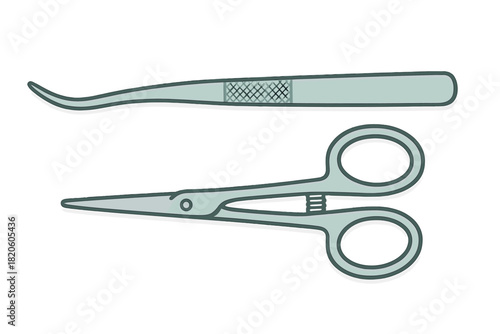 Set of stainless steel surgical instruments including curved tweezers and sharp scissors