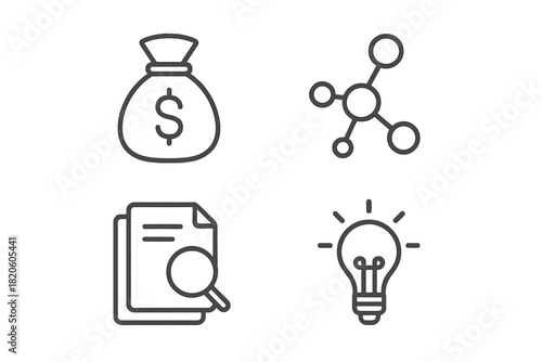 Business strategy, financial success, research analysis, and creative idea icons