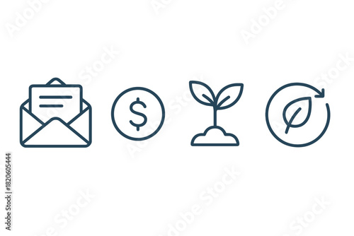 Essential business and finance concepts represented by mail, money, growth, and recycling symbols