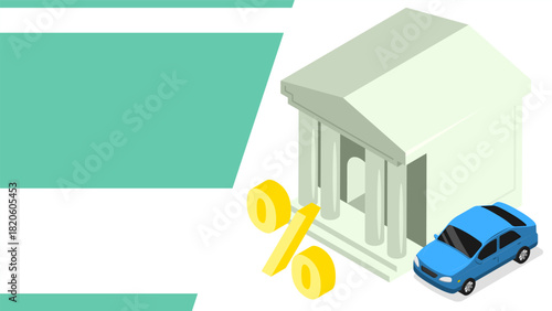 Isometric bank advertising banner for car loans and leasing. Cartoon 3D vector concept on white green background
