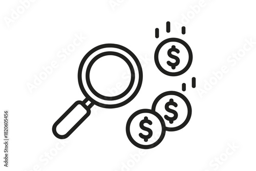 Magnifying glass searching for floating dollar coins representing financial analysis
