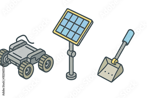 Set of space exploration tools including robotic rover, solar panel, and sampling shovel