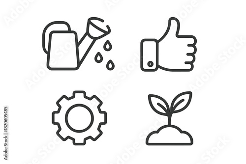 Watering can, thumbs up, cogwheel, and growing plant symbols for business development