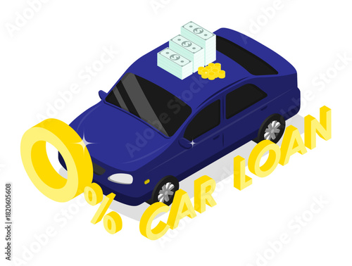 Isometric car loans and leasing at the minimum interest rate. Isolated cartoon vector concept on white background top view
