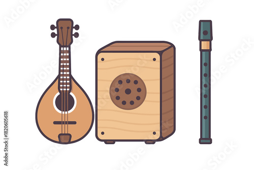 Assortment of acoustic musical instruments featuring a mandolin, cajon, and wind pipe