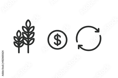 Agricultural finance symbols showing wheat, dollar coin, and market cycle arrows