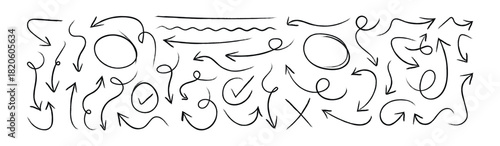 Hand drawn design elements, arrows, circles and lines. charcoal or pencil drawn punctuation marks. Hand drawn brush stroke lack ink random hand drawn scribbles set isolated on white background.
