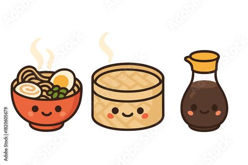 Cute Asian food characters: steaming ramen, bamboo steamer, and soy sauce bottle