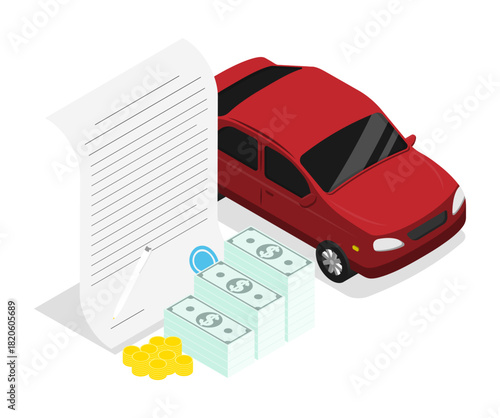 Isometric signing a car loan agreement and receiving funds for car collateral. Isolated cartoon vector concept on white background top view