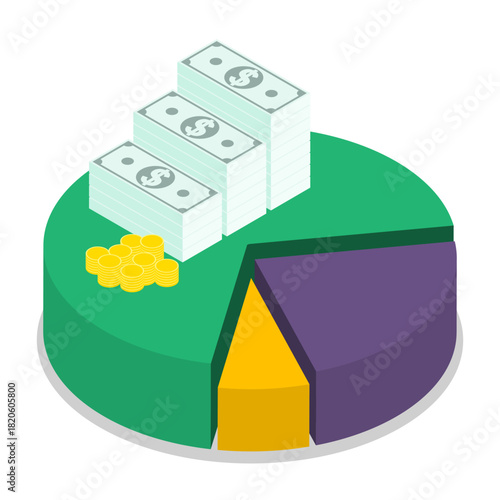 Isometric Pie chart of percentages of cash from a portion of overall budget. Isolated cartoon vector concept on white background top view