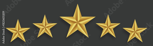 Five shiny golden 3D stars in a row on a dark grey background, representing a rating or quality score.