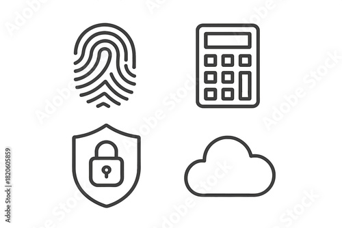 Digital security and data protection symbols including fingerprint, calculator, shield, and cloud storage