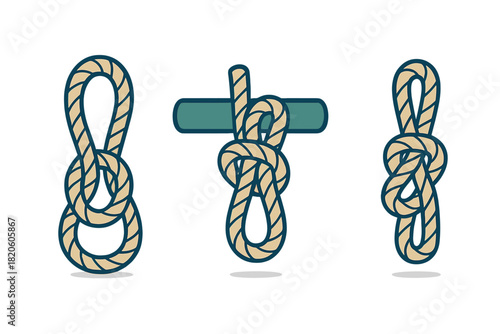 Set of essential rope knots including figure eight and cleat hitch for marine use