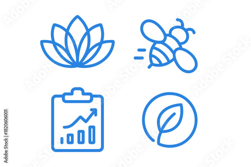 Outline icons set featuring lotus flower, flying bee, business chart, and circular leaf symbol