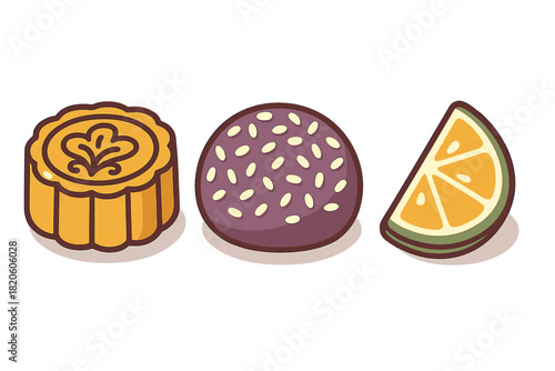 Delicious mooncake pastry, sweet purple rice dumpling, and juicy orange fruit wedge