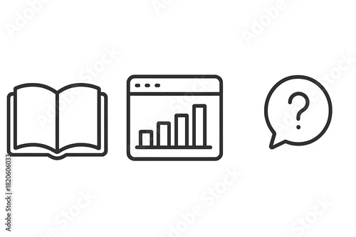 Business and education line icons: open book, statistical chart, and inquiry symbol