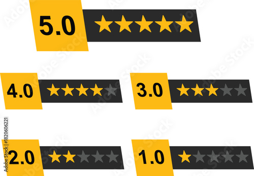 Vector illustration of star rating system showing scores from 1.0 to 5.0 with corresponding gold and grey stars.
