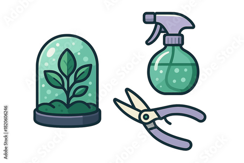 Essential tools for indoor gardening including a plant terrarium, spray bottle, and pruning shears