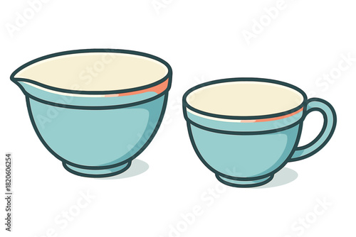 Stylized ceramic creamer pitcher and matching coffee cup set in blue and cream colors