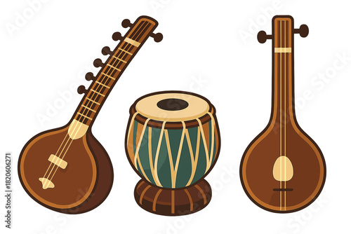 Collection of traditional Indian musical instruments sitar tabla and tanpura