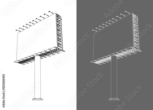 Isometric technical blueprint illustration of a single-pole billboard structure featuring steel truss framing