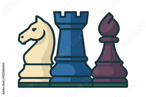Stylized knight, rook, and bishop chess pieces standing side by side on a white background