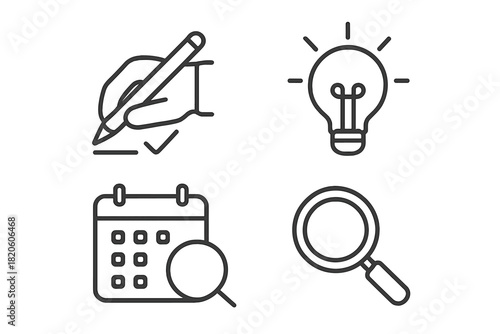 Essential business icons featuring writing hand, idea light bulb, calendar, and search tool