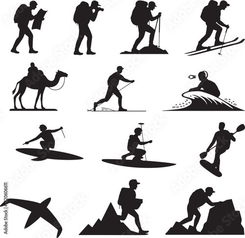 Outdoor adventure activities in silhouette style sports vector collection