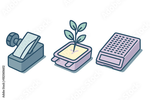 Isometric scientific research tools microplate clamp and plant seedling growth tray