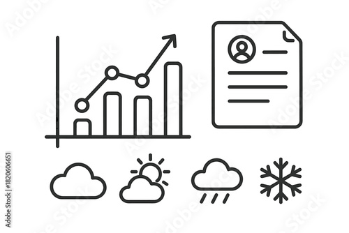 Simple outline symbols for finance, user data, and atmospheric conditions