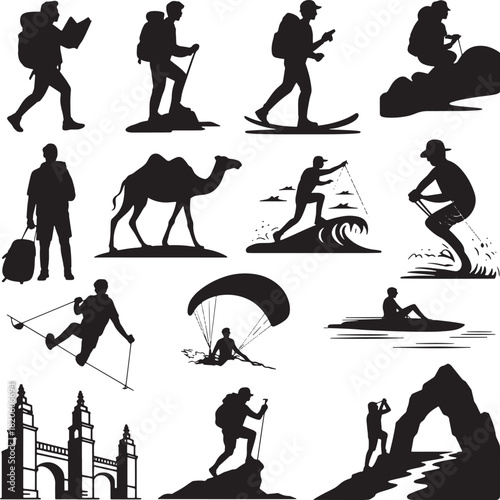 Outdoor sports and adventure people hiking, surfing, exploring historic places in nature