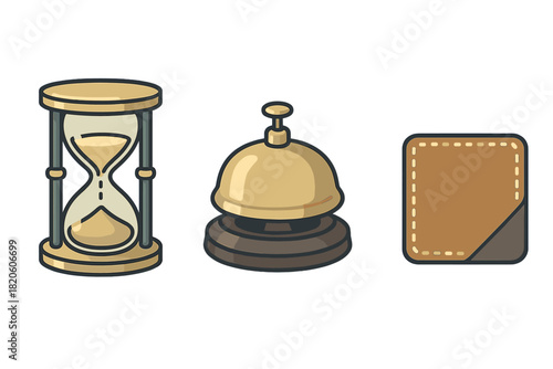 Classic hourglass, golden service bell, and stitched leather pad symbols for hotel and time concepts