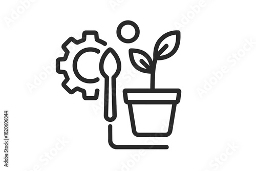 Growing plant, mechanical gear, and nurturing tool symbolizing sustainable development