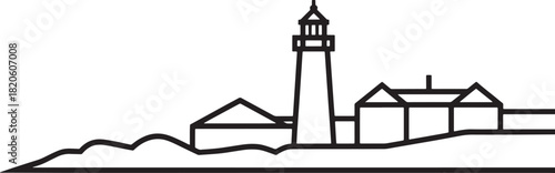 Outline silhouette illustration of lighthouse next to buildings near ocean water