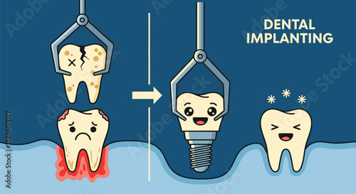 Dental implant procedure cartoon illustration teeth health care