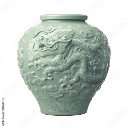 An exquisite celadon porcelain vase featuring a majestic coiled dragon amidst clouds in intricate relief on a serene light green surface. background removed