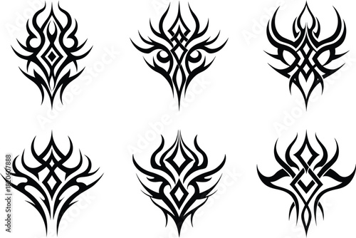 Tribal Tattoo Flame Design Set  Bold Abstract Ornate Symbols, Sharp Monochrome Body Art & Dynamic Vector Collection
