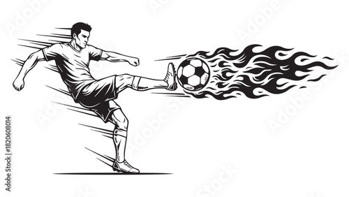 Dynamic illustration of a soccer player powerfully kicking a ball that is engulfed in flames.