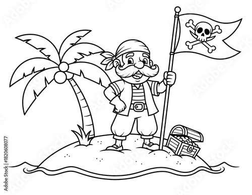 Pirate character standing proudly on a tropical island with a palm tree, holding a flag with a skull symbol, next to a treasure chest, perfect for coloring pages and creative activities