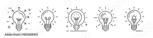 Line art light bulb icons set for ideas, innovation, and creativity