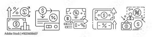 Financial growth, investment, interest, money, economic line icons.