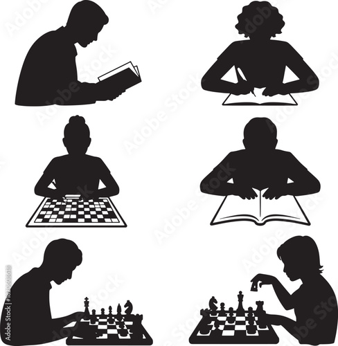 Person silhouette engaged in intellectual activities of reading writing and games