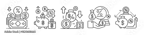 Financial growth, savings, investment, and interest line icons set